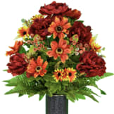 Burgundy Peony and Orange Daisy (Silk Cemetery Flowers)